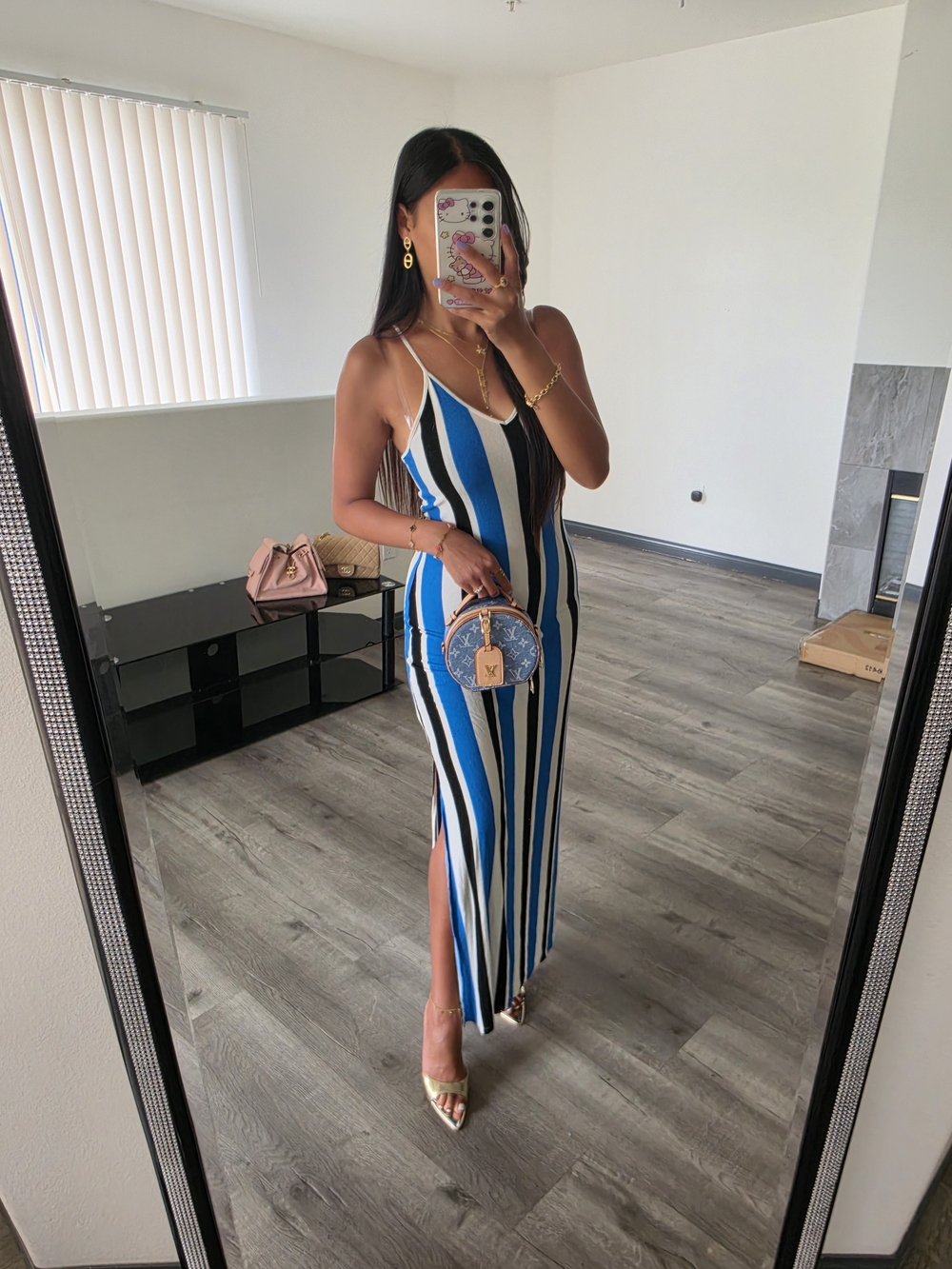 Striped Blue & White Maxi Slip Dress with Side Slit - Picture 3 of 13